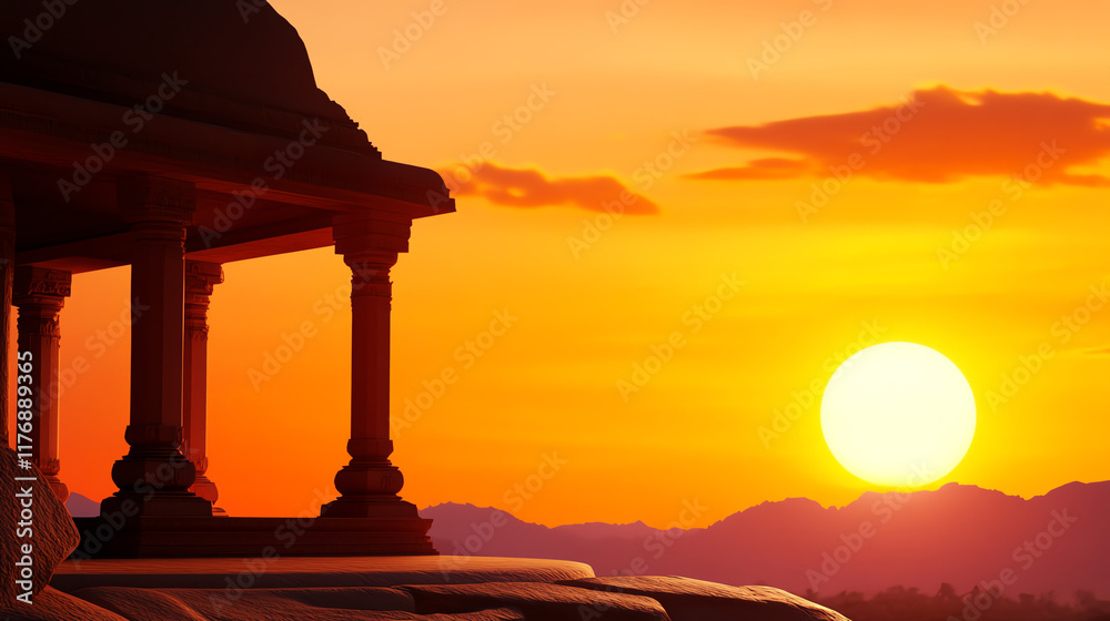 Fototapeta premium A breathtaking sunset casting warm hues over rolling hills and an elegant architectural structure, creating a serene ambience.