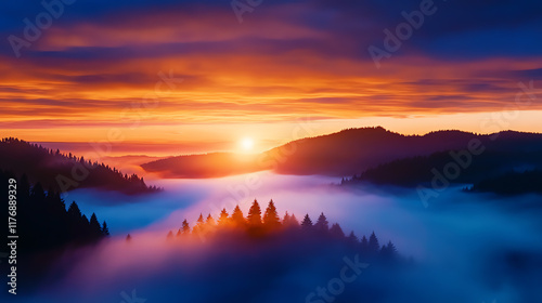 A breathtaking sunrise over misty mountains, casting vibrant orange and purple hues across the serene landscape.