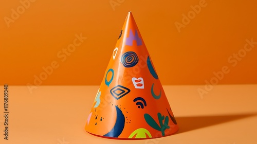 A bright orange party cap featuring playful designs for an energetic celebration.