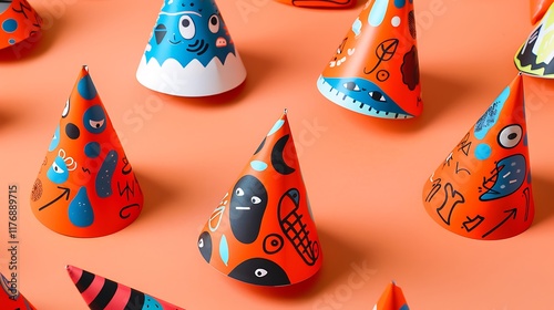 A bright orange party cap featuring playful designs for an energetic celebration.