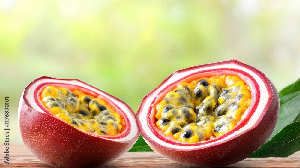 A halved passion fruit revealing its vibrant, seedy interior. A halved passion fruit revealing its vibrant, seedy interior.