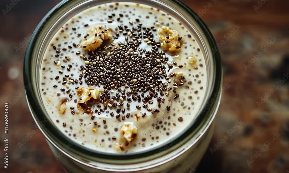 Creamy Chia Seed Pudding with Granola Topping in a Glass Jar Creamy Chia Seed Pudding with Granola Topping in a Glass Jar