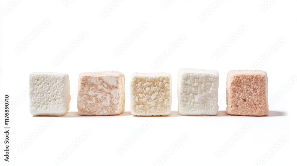 Fototapeta premium 6 marshmallows isolated on a white background, studio shot, high-resolution photography. 