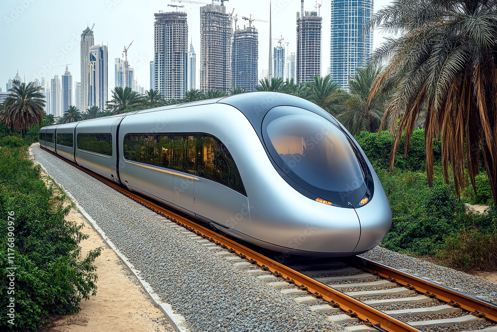 Naklejka premium Futuristic high-speed train traveling through urban greenery with modern skyline.