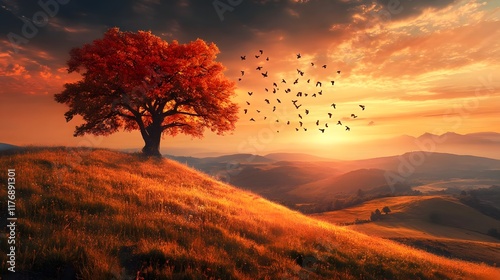 A serene sunset landscape featuring a solitary tree and birds in flight.