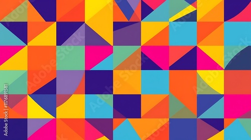 Wallpaper Mural Vibrant Geometric Abstract: A captivating blend of squares and triangles in a dynamic array of bold, saturated colors.  Perfect for modern designs needing a vibrant, energetic feel.  Torontodigital.ca