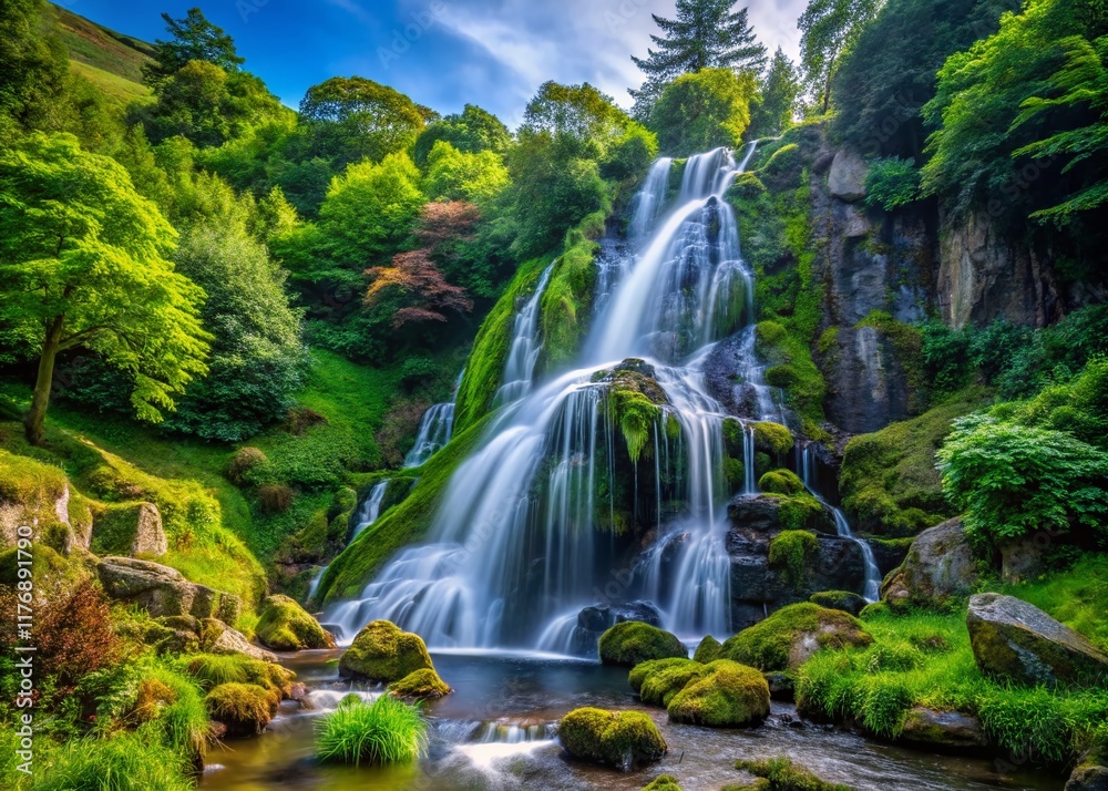 Obraz premium Ennyskerry Waterfall, Ireland: Candid Shot of Cascading Water & Lush Greenery