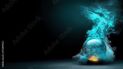 A captivating image of a mystical glowing orb surrounded by swirling azure smoke, evoking magic and mystery in an enchanting artistic depiction for fantasy themes.