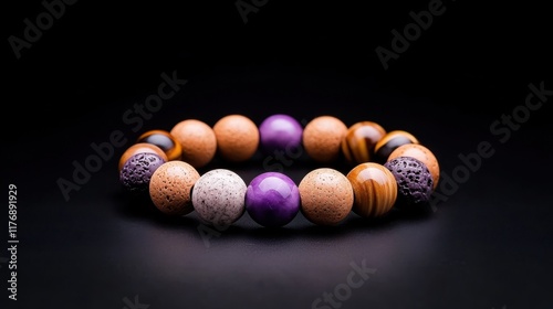 A stunning bracelet featuring purple, brown, and orange beads with textured surfaces, creating a harmonious and earthy aesthetic. photo