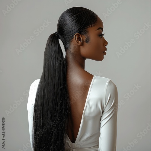 Pretty ebony woman with her back facing front. long hair.