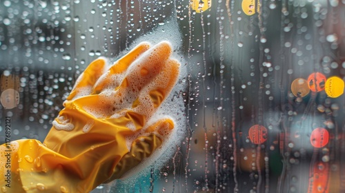 Close up of a woman s hand in a rubber glove cleaning a window with foaming cleaner and cloth photo