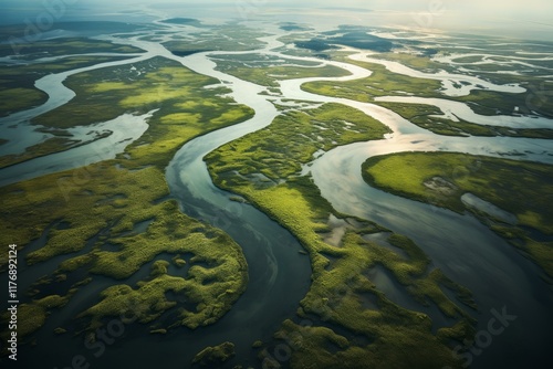 Aerial view of winding rivers carving through vibrant wetlands, creating a captivating natural landscape