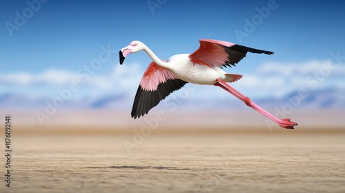 A flamingo in flight over a vast, open landscape.