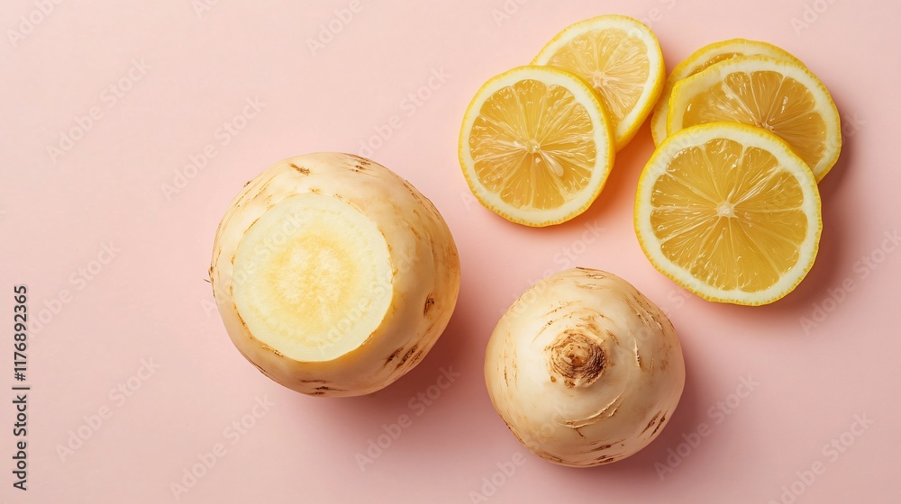 A whole rutabaga beside fresh lemon slices, isolated on a soft pastel-colored background for a refreshing and clean aesthetic A whole rutabaga beside fresh lemon slices, isolated on a soft pastel-colored background for a refreshing and clean aesthetic