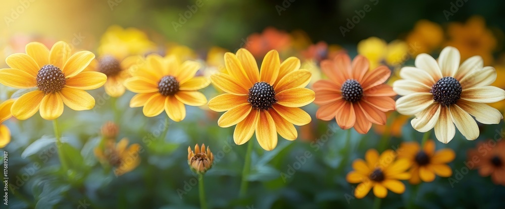 Vibrant Yellow and Orange Black-Eyed Susan Flowers in a Sunlit Garden Vibrant Yellow and Orange Black-Eyed Susan Flowers in a Sunlit Garden