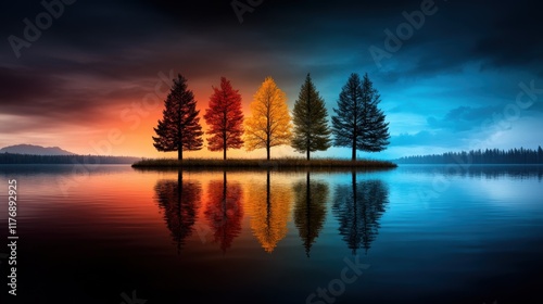 A stunning display of differently colored trees lined up and reflected perfectly in the tranquil waters of a lake, creating a symphony of color and peace. photo