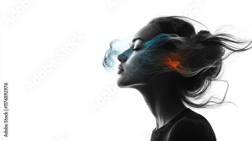 A woman in a black top with a stylish bun, her profile contrasted by an artistic flourish of multicolored smoke, expressing creativity and modern artistry.