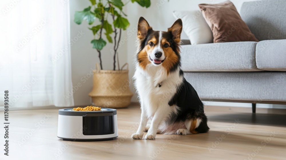 Smart pet care automation for dogs modern living room innovative technology cozy environment creative perspective enhancing pet wellbeing Smart pet care automation for dogs modern living room innovative technology cozy environment creative perspective enhancing pet wellbeing