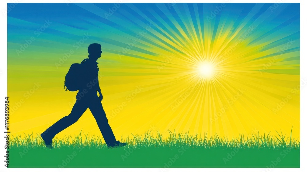 Silhouette of a Backpacker Walking Towards a Bright Sunrise