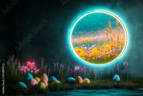 A vibrant Easter-themed composition with glowing neon lighting, pastel-colored eggs, and a scenic window view of a colorful wildflower meadow. Perfect for spring and holiday designs. AI generated.