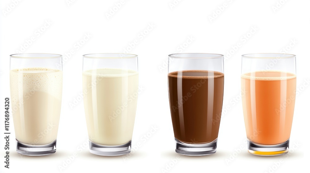 Four glasses of different beverages, including milk and juices. Four glasses of different beverages, including milk and juices.
