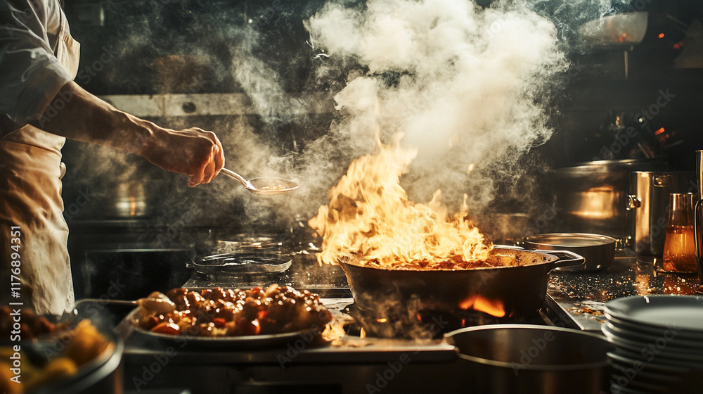 Chef preparing a sizzling dish in a bustling kitchen during dinner service Chef preparing a sizzling dish in a bustling kitchen during dinner service