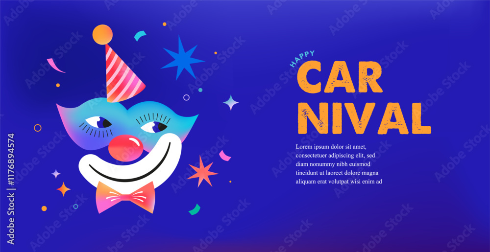 Fototapeta premium Carnival, Purim and circus banner background with colorful clown mask