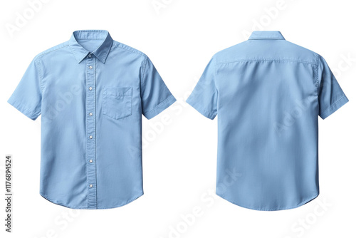 Short sleeve blue shirt designed for casual wear or office settings featuring a pocket and a classic collar style