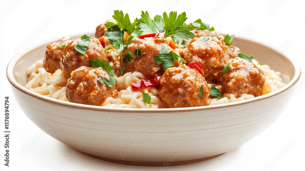 A festive serving of meatball stroganoff garnished with parsley and a hint of red chili, isolated on a wintry white background A festive serving of meatball stroganoff garnished with parsley and a hint of red chili, isolated on a wintry white background