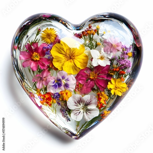 Heart-shaped glass paperweight filled with colorful preserved flowers photo