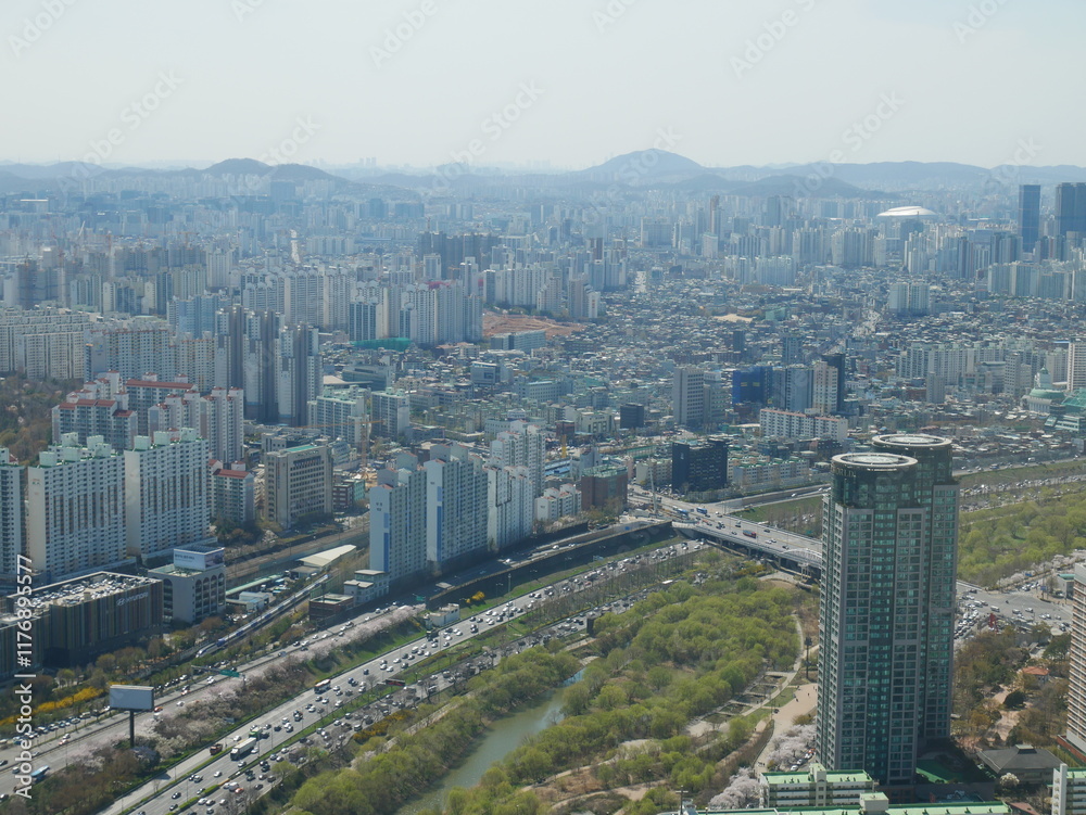 Fototapeta premium Séoul, Corée du Sud, ville, skyline, gratte-ciel, architecture, moderne, traditionnel, palais, Gyeongbokgung, Changdeokgung, temple, Jogyesa, Bukchon Hanok Village, Namsan Tower, N Seoul Tower, rivièr