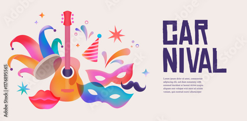 Carnival banner with guitar, masks and jester hat. Colorful vector background