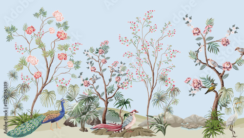 blossom tree With sparrow, finches, butterflies, dragonflies. Seamless pattern, background. Vector illustration. Chinoiserie, traditional oriental botanical motif. Mughal Plants, Peacock.