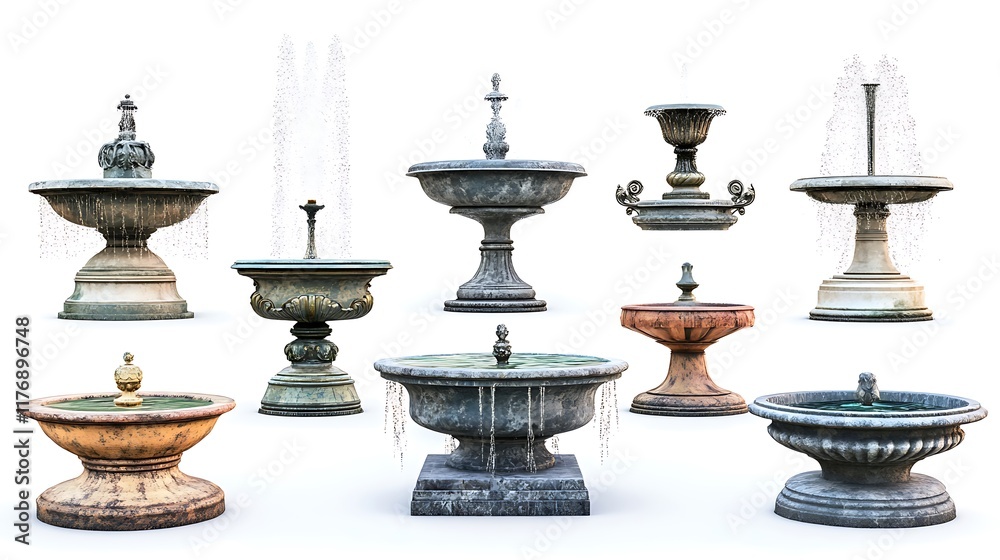 stone fountains are displayed on a white background. These decorative water features show a range of basin styles and heights. stone fountains are displayed on a white background. These decorative water features show a range of basin styles and heights.