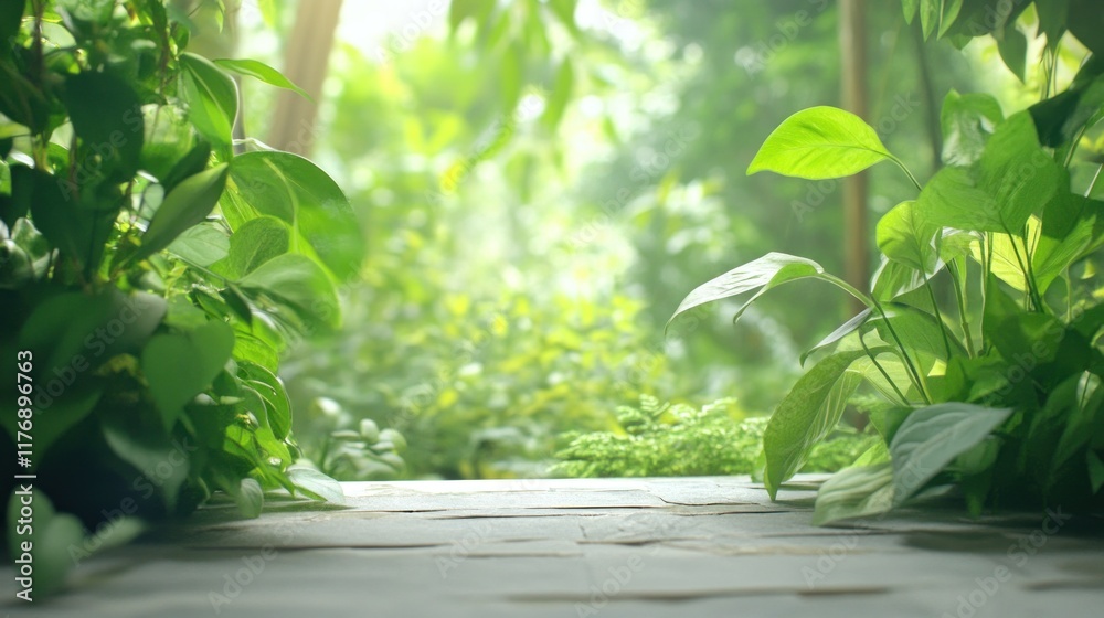 Lush greenery framing a serene pathway in a vibrant garden. Lush greenery framing a serene pathway in a vibrant garden.