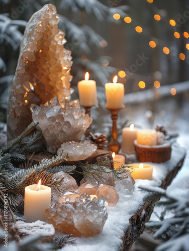 Beautiful alter with crystals, candles, plants, surrounded in snowy forest. photo