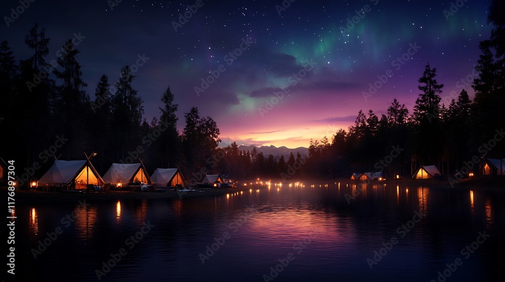 Fototapeta premium Enchanted Lakeside Camping Under the Aurora Borealis