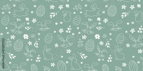 Vector doodle seamless pattern for Easter. Easter bunnies, eggs and flowers on green background.Sweet and beautiful.Can be used as gift paper, card and wallpaper