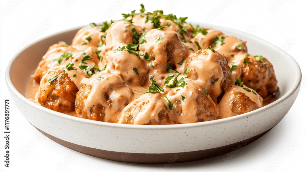 Meatball stroganoff in a shallow bowl, with delicate streaks of sauce artfully drizzled, isolated on a modern white background Meatball stroganoff in a shallow bowl, with delicate streaks of sauce artfully drizzled, isolated on a modern white background