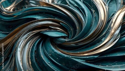 Elegant swirling patterns of metallic and teal materials create a mesmerizing visual effect in abstract fractal spiral  design photo
