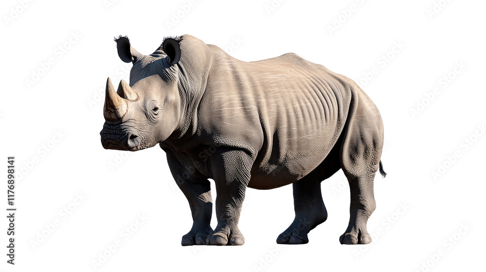 Fototapeta premium Majestic White Rhinoceros: A powerful and serene image of a white rhinoceros, showcasing its imposing size and unique features. Perfect for wildlife documentaries, conservation projects.