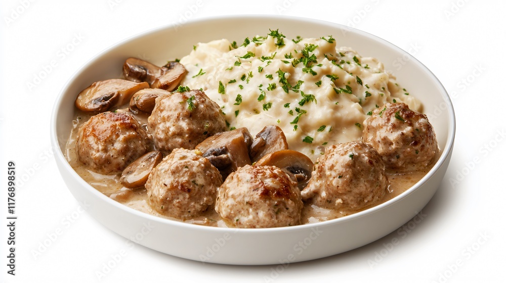 Meatball stroganoff served with a side of sauteed mushrooms, isolated with a soft shadow for a realistic feel Meatball stroganoff served with a side of sauteed mushrooms, isolated with a soft shadow for a realistic feel