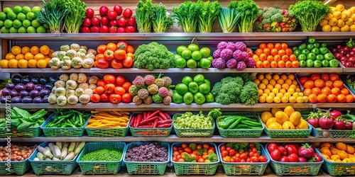 Fototapeta Naklejka Na Ścianę i Meble -  Fresh Produce Supermarket Shelf: Vibrant Fruits & Vegetables