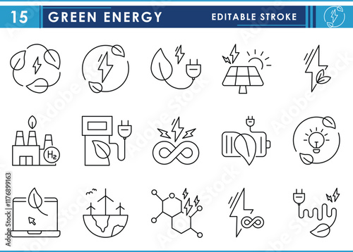 A set of line icons related to Green Energy. Eco friendly, energy, lighting, fuel, rechargeable, green, renewable, infinite source, industry, and so on. Vector editable stroke.