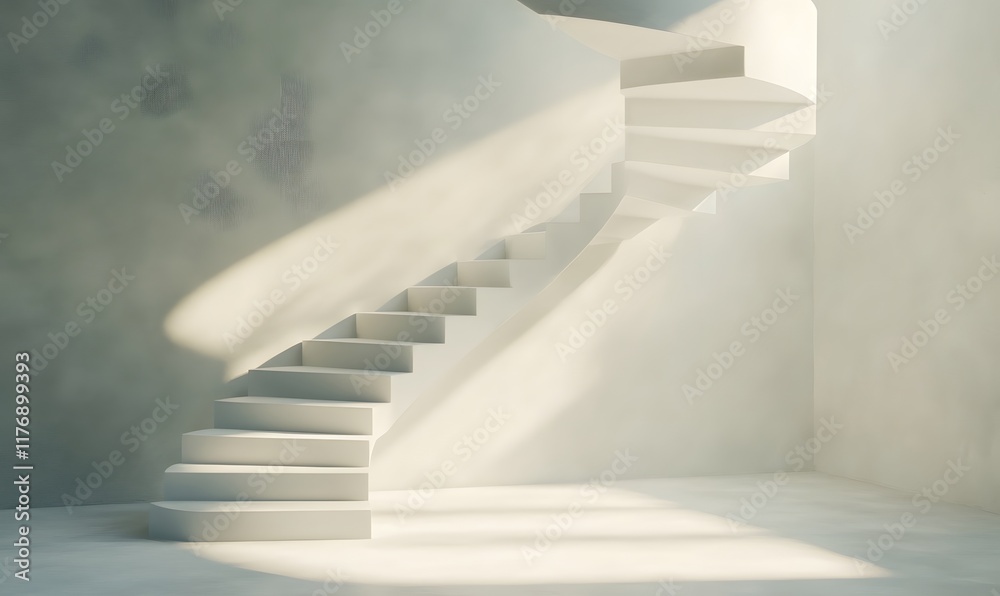 Naklejka premium White spiral staircase in a room with natural lighting.