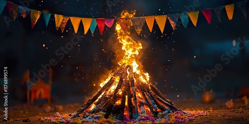Vibrant Lohri Bonfire with Festive Flags and Offerings: Perfect for Celebrating Harvest Festival