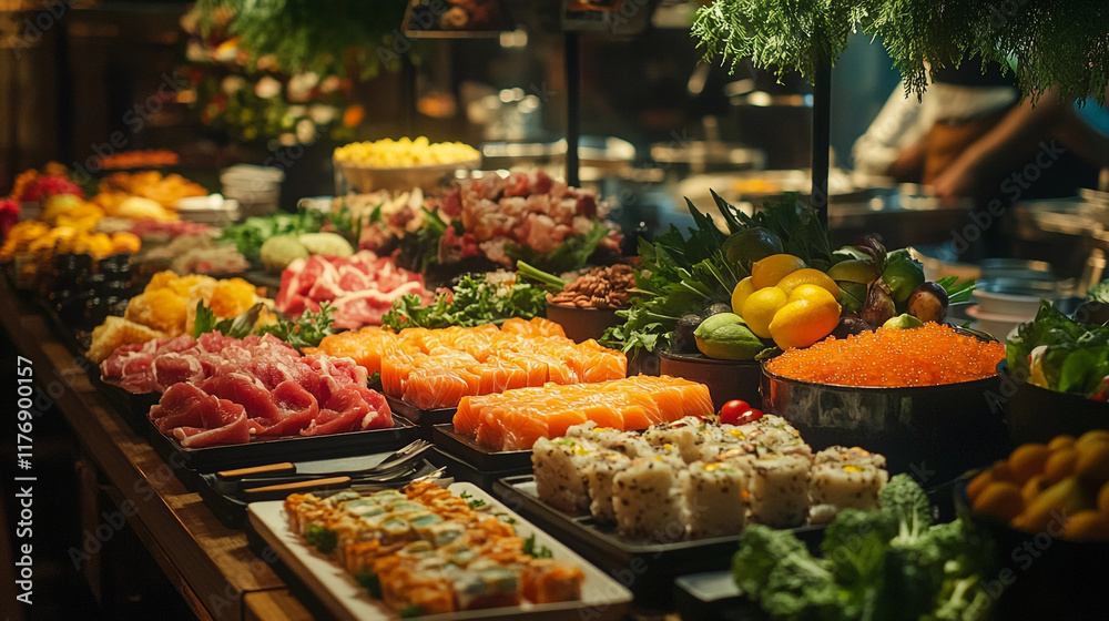 Obraz premium Vibrant array of fresh seafood and produce displayed at a bustling market buffet
