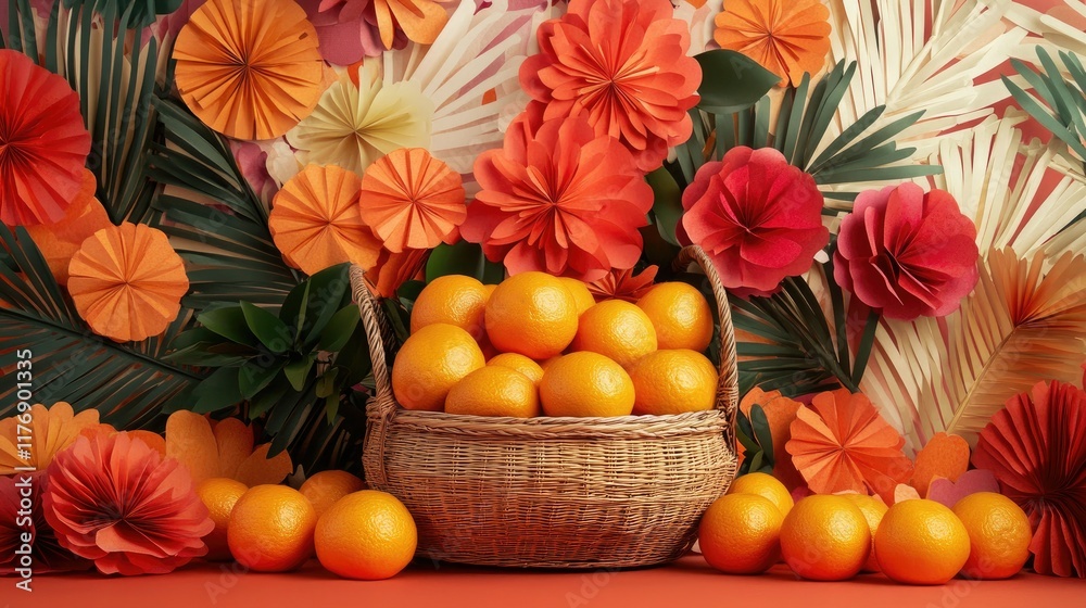 A bright and cheerful Chinese New Year setup with oranges in a rattan basket surrounded by festive paper cuttings A bright and cheerful Chinese New Year setup with oranges in a rattan basket surrounded by festive paper cuttings