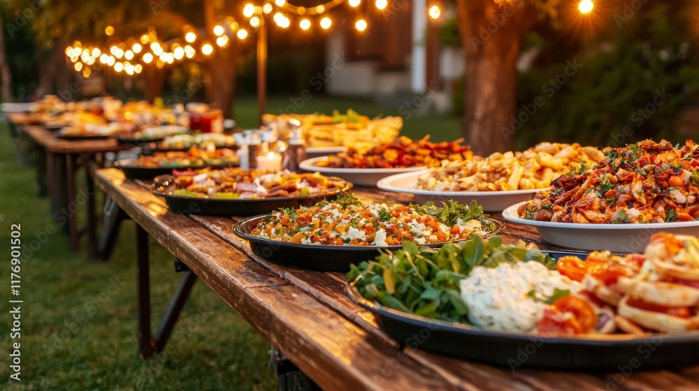 Obraz premium Food sharing with neighborhood concept. Outdoor buffet setup with a variety of delicious dishes and warm lighting.