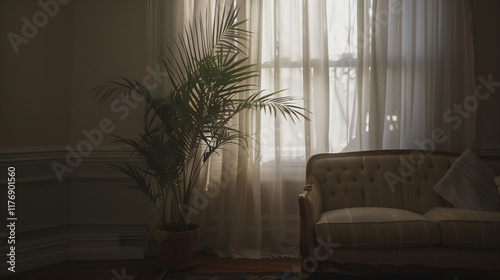 Calm therapist sitting in a serene therapy room with a soft-lit couch and a potted plant, symbolizing mental health support and emotional healing for depression.